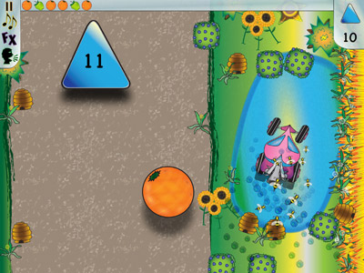 Buggy Pinky Pam splashes through water collecting fruit and counting triangles.