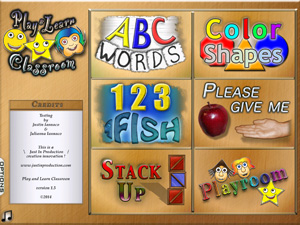 Play and Learn Classroom games ABC words, Color Shapes, 123 Fish, Please Give Me, Stack Up.