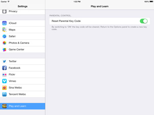 Play and Learn iOS Settings control window to reset parental key code.