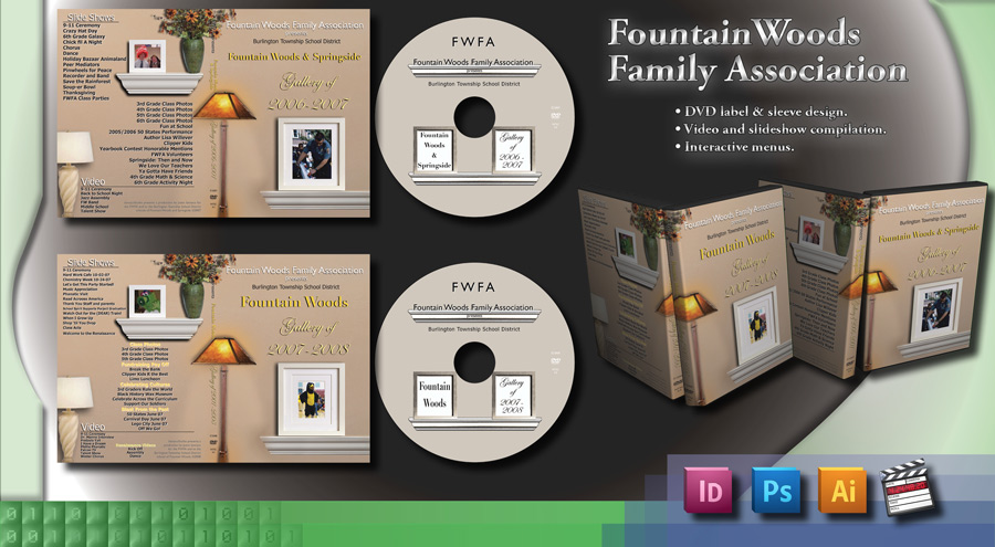 Fountain Woods Family Association DVD authoring & print designs. Id, Ps, Ai, Final Cut