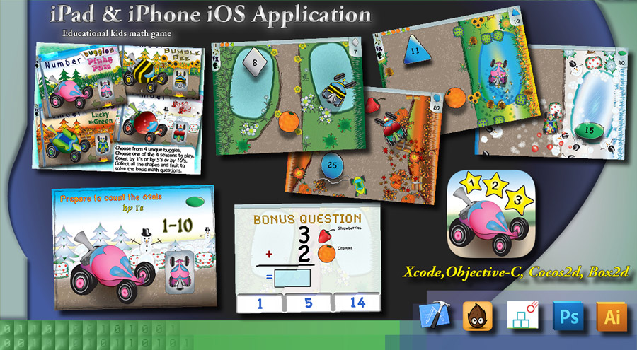 iPad & iPhone iOS Application Educational kids math game. Xcode, Objective-C, Cocos2d, Box2d, Ps, Ai