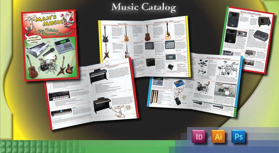 Music Catalog - fictitious instrumental layout for J-Man's Music. Id, Ai, Ps