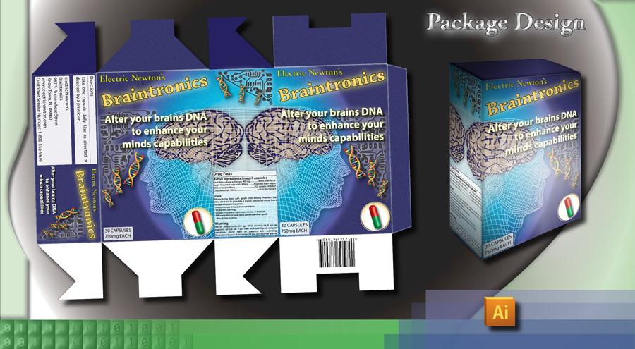 Package Design - fictitious product package layout for Braintronics. Ai