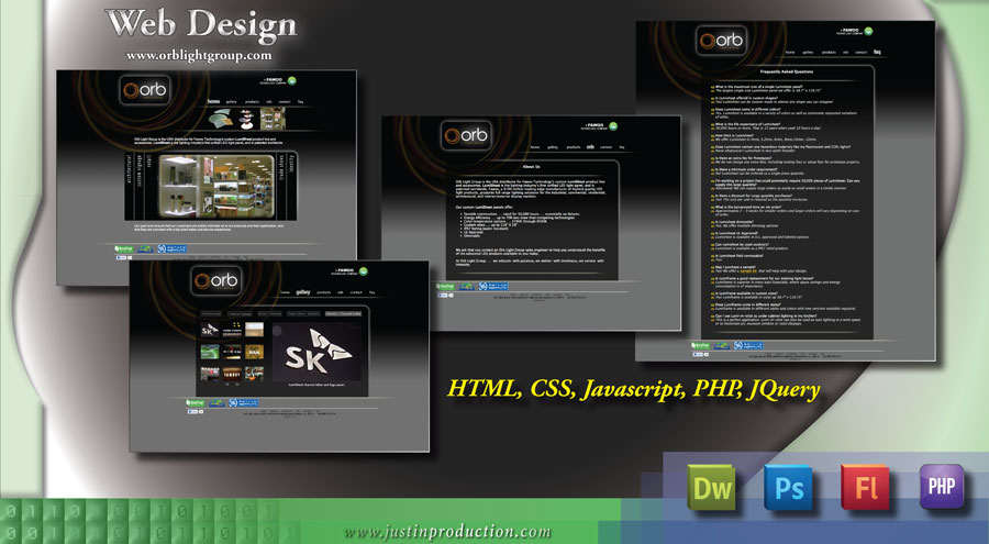 Web Design www.orblightgroup.com HTML, CSS, Javascript, PHP, JQuery, Dw, Ps, Fl
